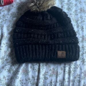 C.C Black Knit Beanie with Faux Fur Pom